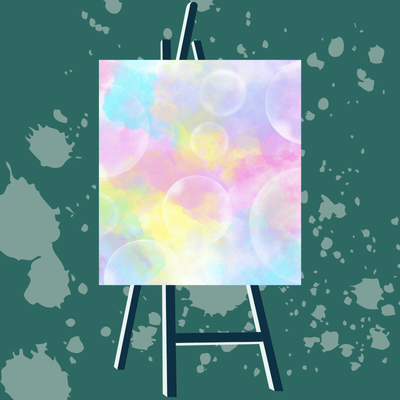 Canvas on easel with pastel bubble painting.