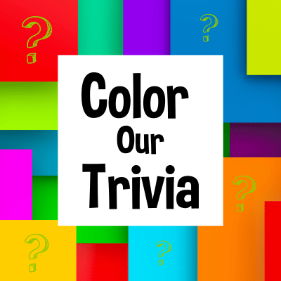Colorful squares with five green question marks and a white box in the center that says Color Our Trivia