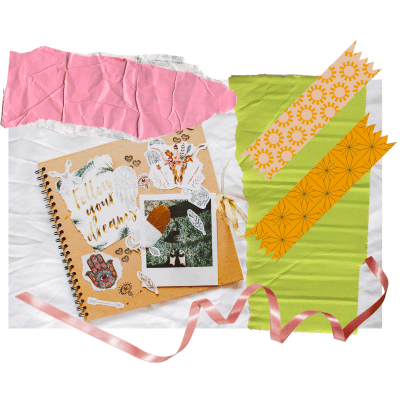 An open junk journal with fabric scraps and ribbon. Cut our images on the page one says Follow your dreams.