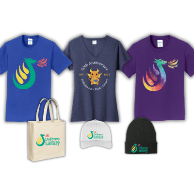 Three shirts, a canvas tote, a baseball cap, and a stocking cap that all have DAPL logos or text