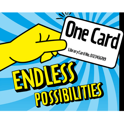 One Card Endless Possibilities: illustrated hand holding a library card